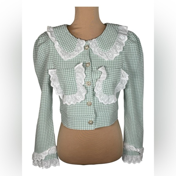 Galeria Chic Green Cropped Gingham Lace Trimmed Women's Top - Picture 1 of 6